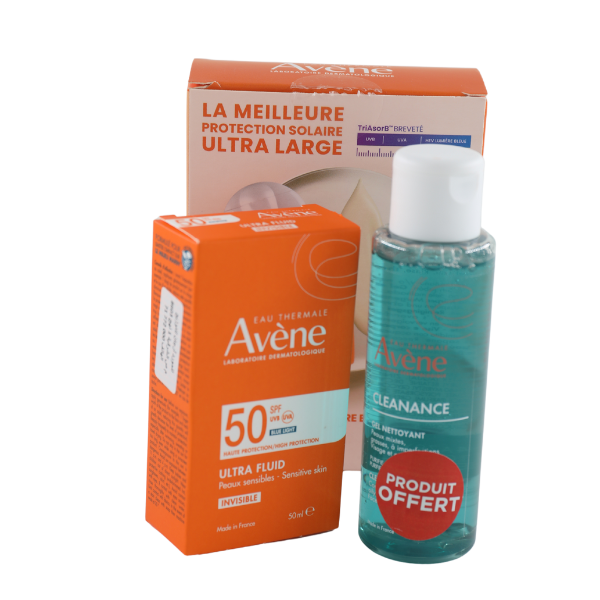 Pack Avene Ultra Fluid SPF50+ et Gel Cleanance 100ml gratuit Avene Ultra Fluid SPF50+ 50ml avec Gel Cleanance 100ml offert