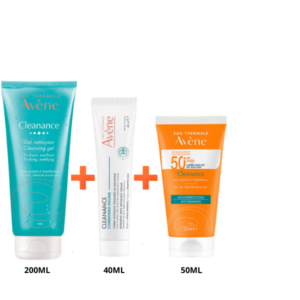Pack Avène Cleanance : Gel Nettoyant + Crème Peeling + Écran SPF50+