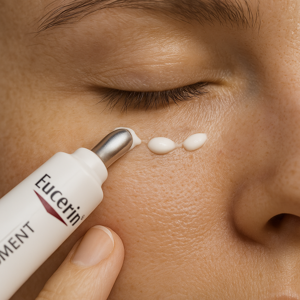 Voir : Close-up of a realistic application gesture of EUCERIN ANTI-PIGMENT eye cream. Focus on the gentle motion of the cream being applied under the eye along the contours, showing skin texture—pores, fine hairs, and micro-relief visible. Natural window light enhances a fresh and healthy complexion. Only part of the face in view, no full face, preserving privacy and focus. Lens: 100mm macro f/8. Photorealistic, editorial quality. No IA-smoothened appearance. Palette: natural skin tones, soft whites. Format: 1:1. no AI artifacts, no warped or smeared text, no fake words, no invented logos, no plastic/waxy look, no doll-like skin, no oversaturated HDR, no stock-photo feel, no watermark, no extra fingers, no melted geometry.