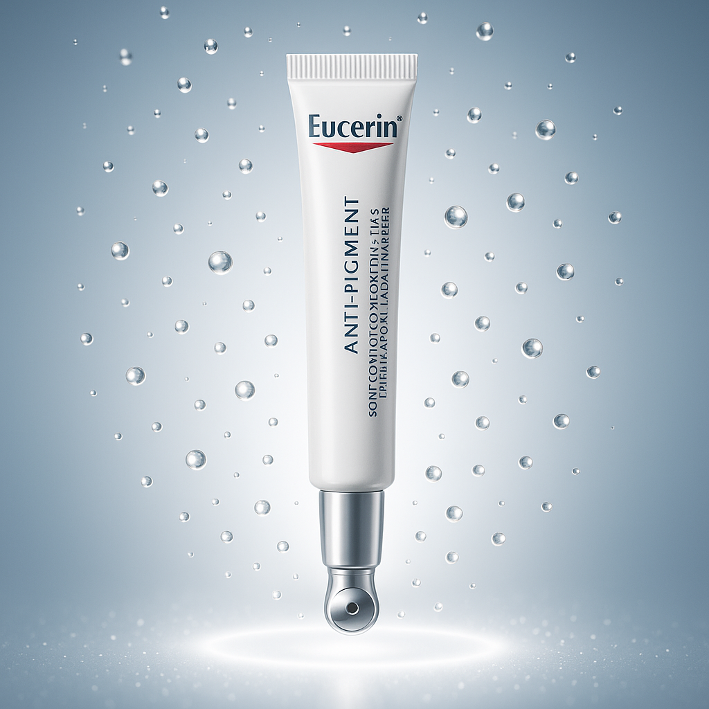 Voir : Conceptual shot of EUCERIN ANTI-PIGMENT eye cream suggesting revitalization and brightness. The product levitates above a halo of light with tiny suspended droplets surrounding it, metaphorically communicating the benefits of enhanced radiance and hydration. Studio lighting creates a glowing effect around the product, with reflections emphasizing its premium aspect. Lens: 100mm macro f/8. Photorealistic, editorial quality. Palette: luminous whites, silver, light blues. Format: 1:1. no AI artifacts, no warped or smeared text, no fake words, no invented logos, no plastic/waxy look, no doll-like skin, no oversaturated HDR, no stock-photo feel, no watermark, no extra fingers, no melted geometry.