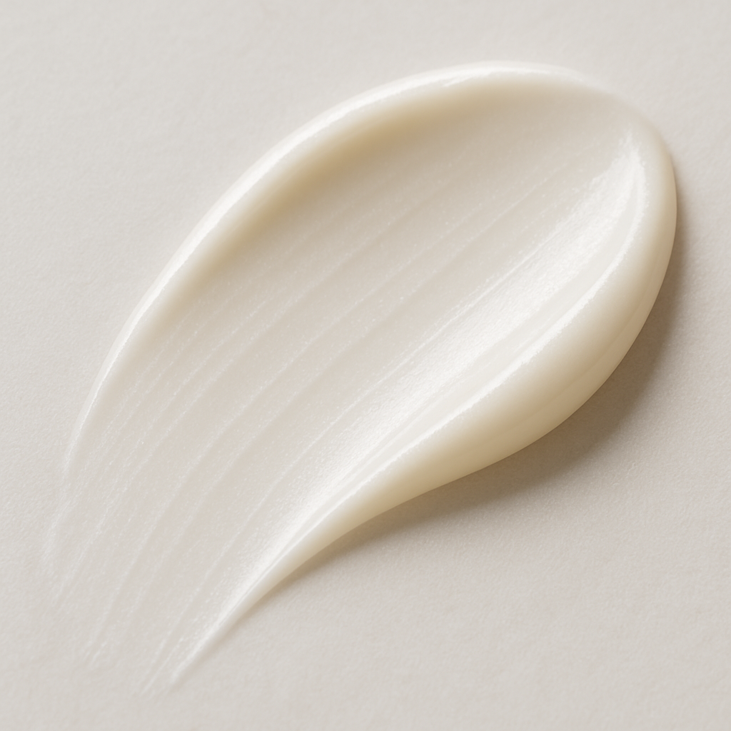 Macro shot of EUCERIN ANTI-PIGMENT eye cream texture elegantly displayed in a soft, curved swatch on a fine porcelain surface. The texture appears lightweight yet nourishing, with subtle micro-reflections that emphasize its hydrating qualities. No packaging or text visible. Lens: 100mm macro f/8. Photorealistic, editorial quality. Palette: pearlescent whites and subtle creams. Format: 1:1. no AI artifacts, no warped or smeared text, no fake words, no invented logos, no plastic/waxy look, no doll-like skin, no oversaturated HDR, no stock-photo feel, no watermark, no extra fingers, no melted geometry.