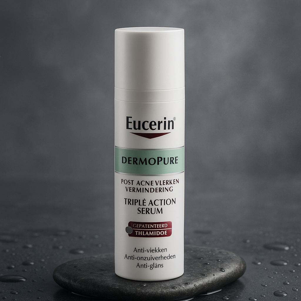 A premium studio shot of Eucerin Dermopure Sérum Triple Action 40ml, elegantly positioned on a sleek, wet stone surface that evokes purity and freshness. The product is well-lit with soft studio lighting, creating a gentle reflection and a subtle mist effect in the background. The packaging must match the exact brand and design details, ensuring fidelity to its typography and color scheme. Depth of field is short, focusing on the brand name with precision. The atmosphere is high-end and editorial, suiting a luxury health magazine.