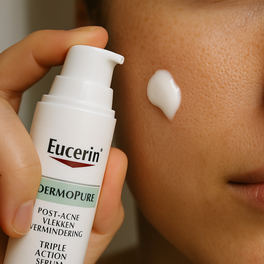 Voir : A detailed, realistic close-up of applying Eucerin Dermopure Sérum onto a realistic skin patch, showcasing visible pores and skin textures. The lighting should mimic natural window light, gently illuminating the skin’s texture without showing a full face. This shot must appear completely organic and believable, showcasing the product’s effortless absorption and non-oily finish. The realism rejects any doll-like skin effects or over-smoothing typical of AI.