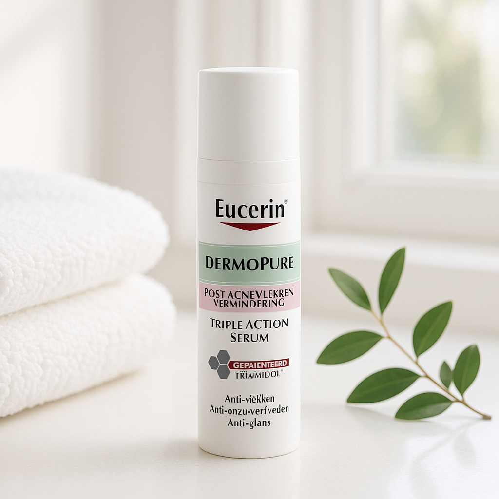 Voir : Soft lifestyle still life of EUCERIN DERMOPURE SERUM TRIPLE ACTION 40ML on a bright bathroom shelf with a towel and a sprig of greenery, natural window light, airy and clean, faithful packaging, photorealistic, no warped text.