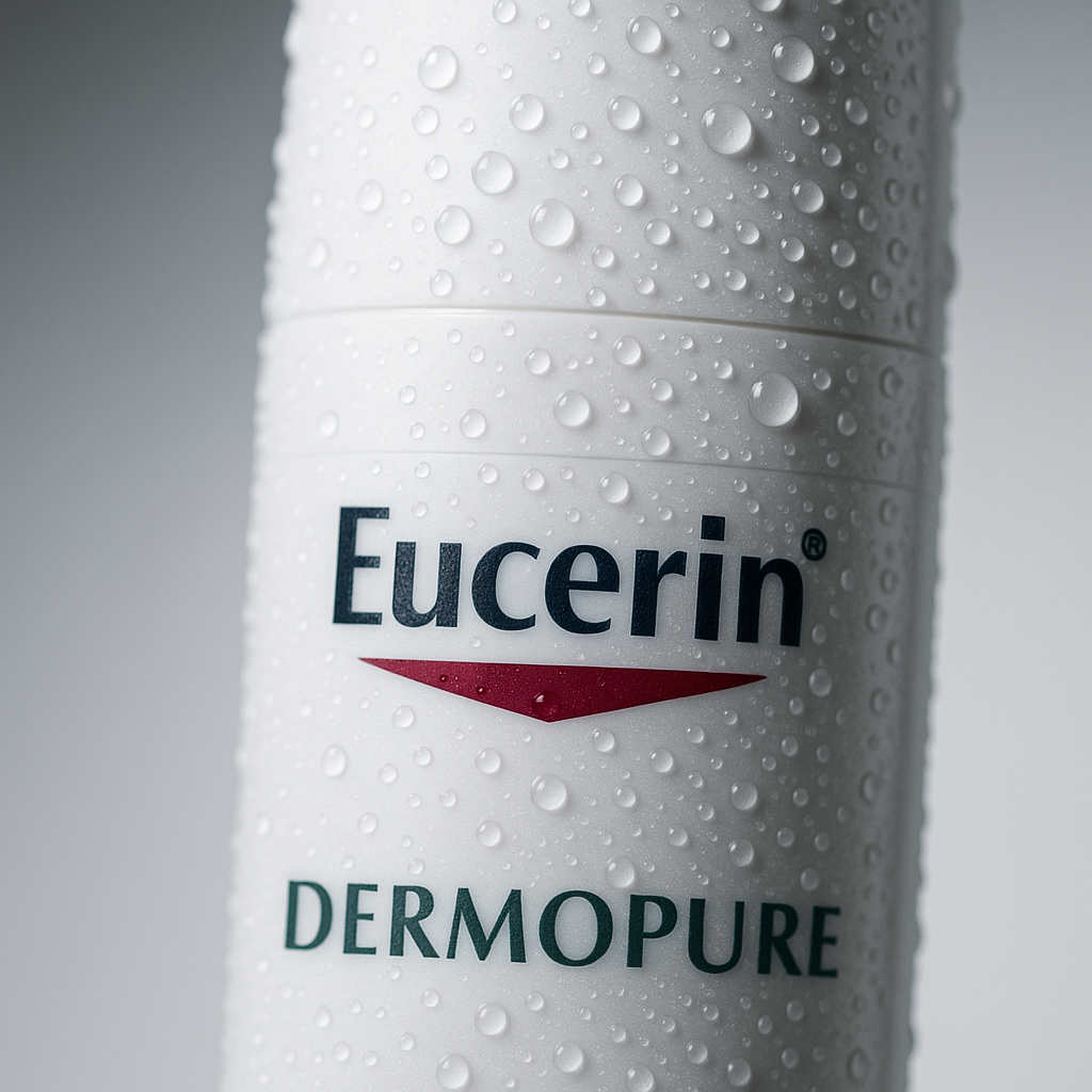 Voir : Macro detail of the EUCERIN DERMOPURE SERUM TRIPLE ACTION 40ML applicator/cap and brand emblem, water droplets on the surface, shallow depth of field, premium product photography, faithful packaging, no invented text.