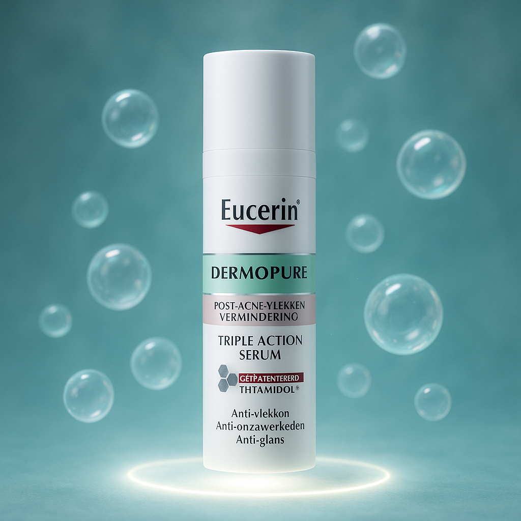 Voir : A conceptual image portraying the key benefit of Eucerin Dermopure Sérum: clearer, healthier skin. The product levitates over a halo of light, symbolizing its effectiveness. Surrounding the product are soft, floating bubbles representing purity and gentleness. The composition should be ethereal, with a blue-green color palette reflecting the packaging cues. The lighting is diffuse, giving a sense of lightness and elevation.