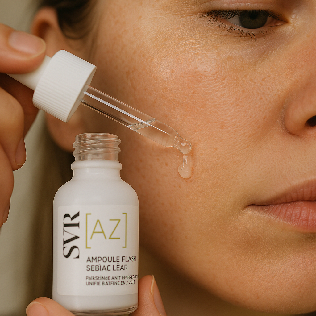Voir : A close-up beauty shot showcasing the application process of SVR Sebiaclear Ampoule Flash AZ on realistic, textured skin with visible pores and natural skin features. The lighting is diffused and natural, simulating window light for a soft and authentic look. Focus on the skin's reaction to the product, at a tight angle without revealing the full face, using an 85mm lens at f/5.6. no AI artifacts, no warped or smeared text, no fake words, no invented logos, no plastic/waxy look, no doll-like skin, no oversaturated HDR, no stock-photo feel, no watermark, no extra fingers, no melted geometry.