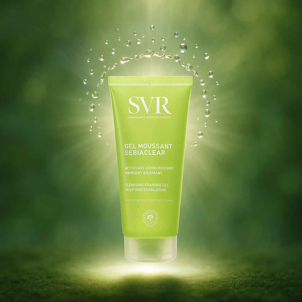 Voir : A conceptual visual for SVR Sebiaclear depicting the transformative power of the product as a halo of light envelops and purifies, representing skin renewal and clarity. The product is centrally positioned, slightly levitating with a crown of water droplets suspended around it. The background is soft-focus with abstracted natural green hues. Lighting is ethereal, with soft focus and a touch of bokeh. no AI artifacts, no warped or smeared text, no fake words, no invented logos, no plastic/waxy look, no doll-like skin, no oversaturated HDR, no stock-photo feel, no watermark, no extra fingers, no melted geometry.