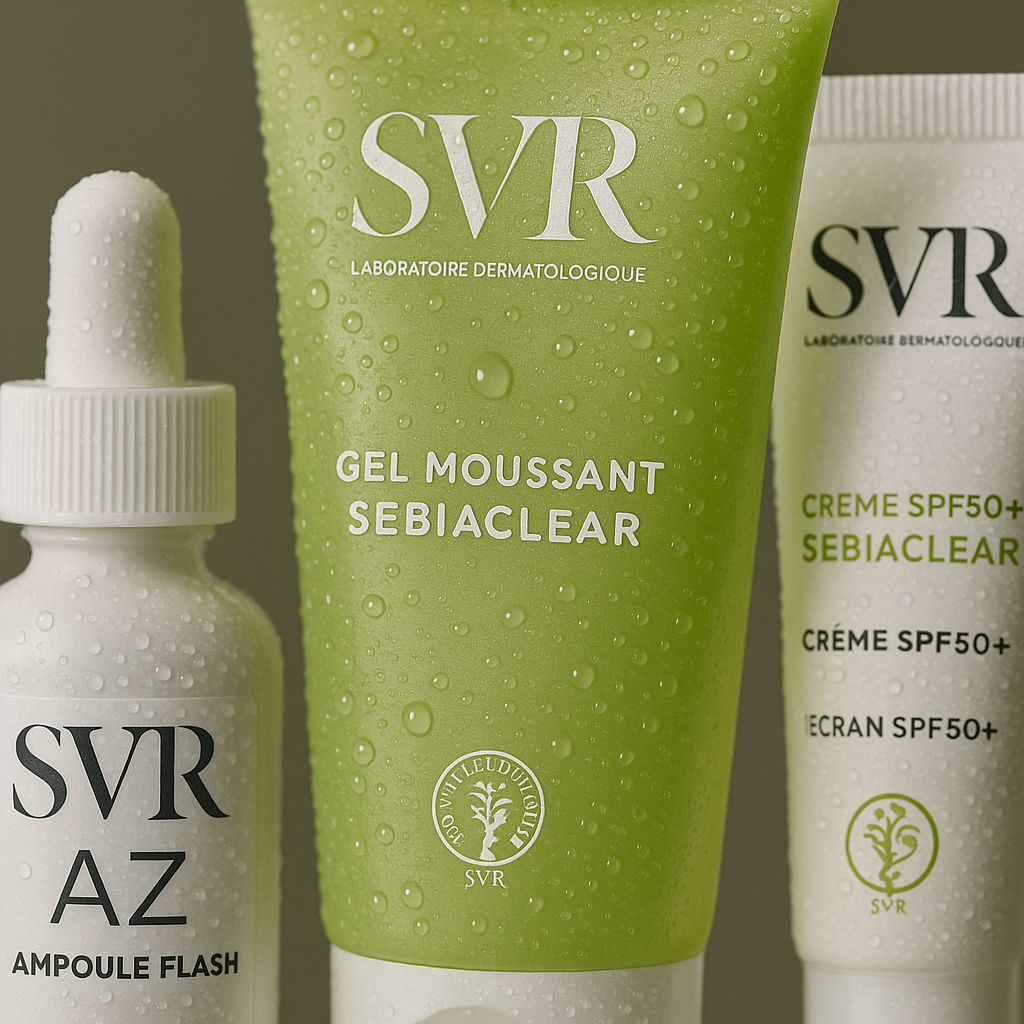 Voir : Macro detail of the SVR COFF SEBIACLEAR GEL MOUSSANT 200ML+AMPOULE FLASH AZ 30ML+ SEBIACLEAR ECRAN SPF50+ GRATUIT applicator/cap and brand emblem, water droplets on the surface, shallow depth of field, premium product photography, faithful packaging, no invented text.