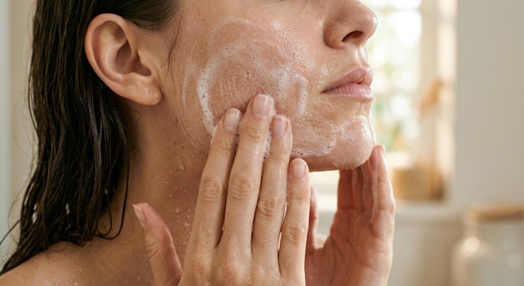 Voir : A close-up beauty shot of a person's cheek and jawline, showing natural skin texture with visible pores and fine water droplets. Delicate, clean hands are gently massaging the soft white cleansing foam onto the damp skin. Soft, diffused morning window light creates a warm and inviting atmosphere. 50mm lens, f/2.8, shallow depth of field, focusing on the foam and skin contact, authentic and realistic skin. no AI artifacts, no warped or smeared text, no fake words, no invented logos, no plastic/waxy look, no doll-like skin, no oversaturated HDR, no stock-photo feel, no watermark, no extra fingers, no melted geometry
