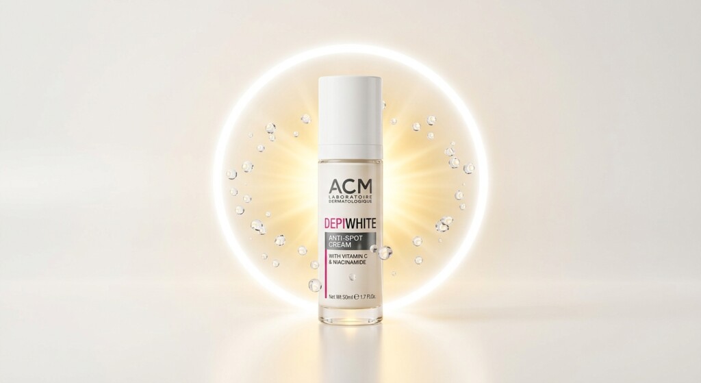 Voir : A conceptual, minimalist cosmetic campaign visual. The ACM Depiwhite bottle is centered, surrounded by a floating halo of pure white light and a crown of suspended, crystal-clear water droplets. A soft, warm golden glow radiates from behind the bottle, symbolizing the brightening effect of Vitamin C and Niacinamide. High-key, luminous, clean, and modern aesthetic. 105mm lens, f/4, crisp details, editorial cosmetic campaign style. no AI artifacts, no warped or smeared text, no fake words, no invented logos, no plastic/waxy look, no doll-like skin, no oversaturated HDR, no stock-photo feel, no watermark, no extra fingers, no melted geometry