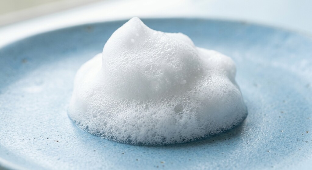 An ultra-detailed macro shot of a rich, airy, cloud-like dollop of white cleansing foam. The foam is placed on a matte, light-blue ceramic surface, showing delicate micro-bubbles and a soft, velvety structure. Bright, clean, natural side-lighting highlights the airy texture and casts soft, realistic shadows. 100mm macro lens, f/8, ultra-sharp detail on the foam bubbles, high-end skincare editorial. no AI artifacts, no warped or smeared text, no fake words, no invented logos, no plastic/waxy look, no doll-like skin, no oversaturated HDR, no stock-photo feel, no watermark, no extra fingers, no melted geometry