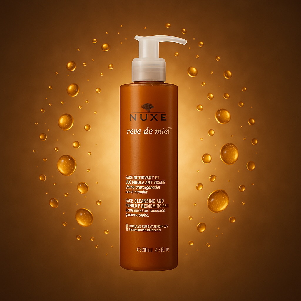 Voir : A conceptual shot featuring the NUXE Reve de Miel Gel Nettoyant Démaquillant surrounded by a halo of honey droplets and golden light, suspended as if weightless. This metaphor visualizes the product's core benefit of gentle cleansing and nourishing care. The background is subtly blurred and complements the product's warm color scheme. Framing is harmonious and intriguing, enhancing the visual metaphor without abstract distractions. Photorealistic rendering, focusing on mood and allure.