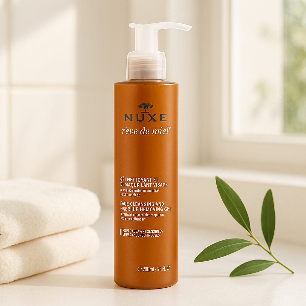 Voir : Soft lifestyle still life of NUXE REVE DE MIEL GEL NETTYANT DEMAQUILLANT VISAGE 200ML on a bright bathroom shelf with a towel and a sprig of greenery, natural window light, airy and clean, faithful packaging, photorealistic, no warped text.