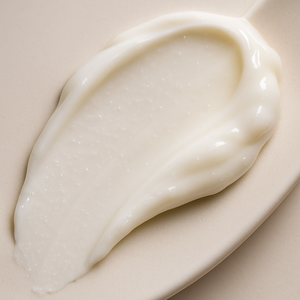 Voir : A macro shot capturing the texture of the Cicaplast Baume B5+, elegantly swatched on a smooth porcelain surface that follows a natural curve. The texture should appear rich and nourishing, with micro-reflections suggesting its creamy and absorptive qualities. The photograph should be free of any packaging or text, focusing solely on the baume's tactile appeal. Lighting should be soft and diffused, enhancing the texture’s details while maintaining a neutral tone derived from the product's decor. Shot with a macro lens for extreme detail. no AI artifacts, no warped or smeared text, no fake words, no invented logos, no plastic/waxy look, no doll-like skin, no oversaturated HDR, no stock-photo feel, no watermark, no extra fingers, no melted geometry.