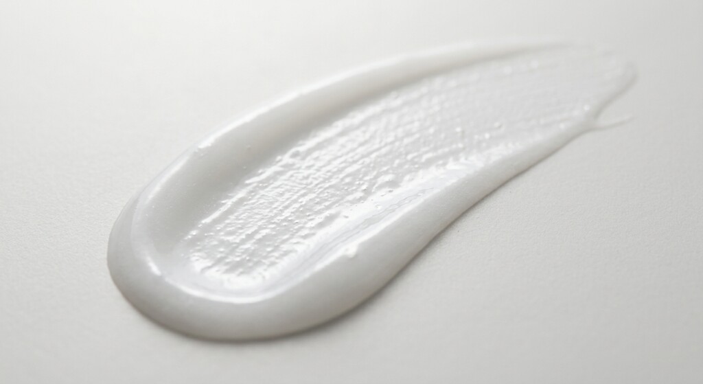 Voir : Macro close-up shot of a fluid skincare serum swatch. An elegant, curved swipe of semi-translucent, lightweight white fluid serum on a smooth, matte white porcelain tile. The texture shows a hydrating, wet sheen transitioning into a smooth, matte finish at the edges. No packaging or bottles in the frame. Soft, diffuse studio light highlighting the delicate micro-ridges of the fluid. Shot with a 100mm macro lens, f/8, ultra-sharp focus, clean and clinical aesthetic. no AI artifacts, no warped or smeared text, no fake words, no invented logos, no plastic/waxy look, no doll-like skin, no oversaturated HDR, no stock-photo feel, no watermark, no extra fingers, no melted geometry