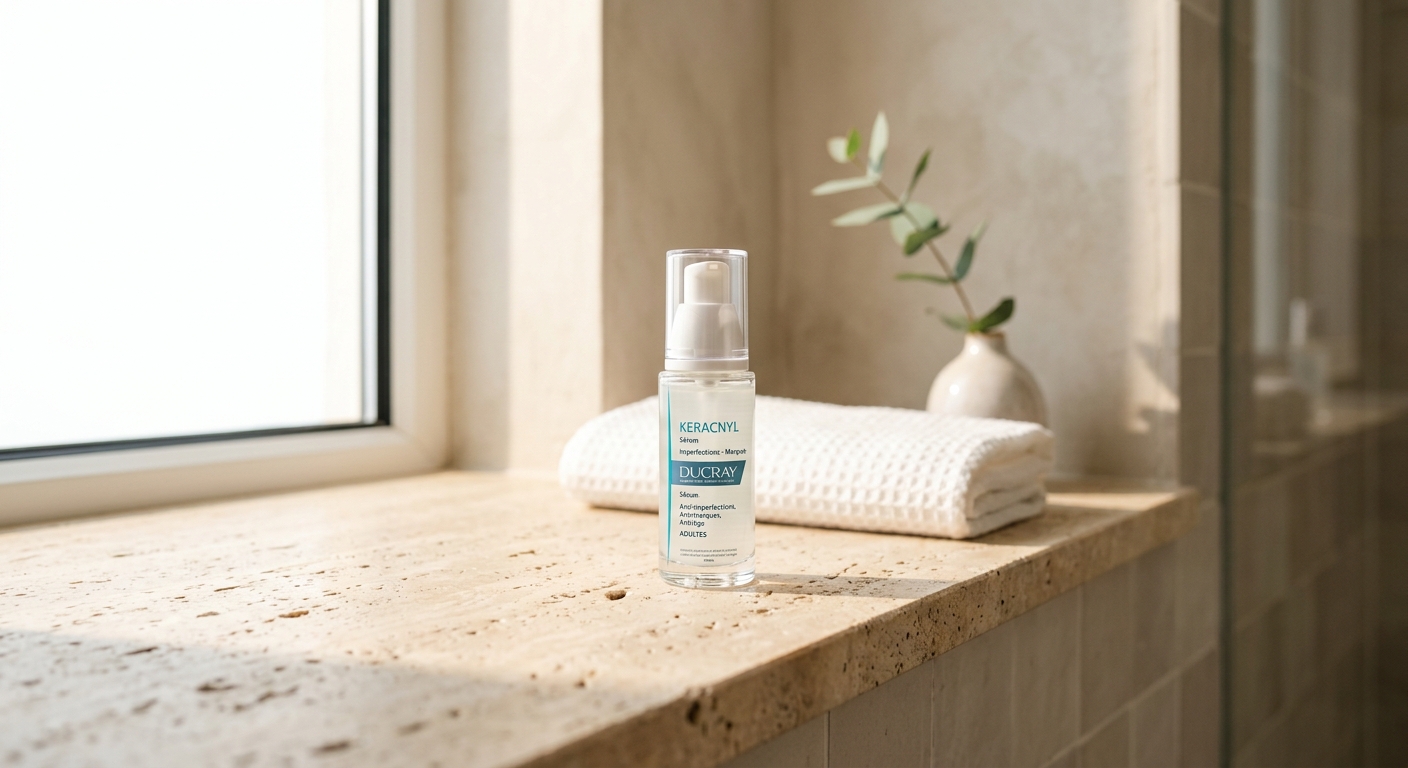 Voir : Minimalist, premium lifestyle photography of the Ducray Keracnyl Sérum bottle. The bottle is placed on a light beige travertine stone shelf in a bright, modern bathroom. A folded white waffle-weave linen towel and a small, delicate green botanical branch in a ceramic vase are softly blurred in the background. Bright, natural morning sunlight streams through a window, casting soft, realistic shadows. Shot with a 50mm lens, f/2.8, warm, airy, and clean editorial style. no AI artifacts, no warped or smeared text, no fake words, no invented logos, no plastic/waxy look, no doll-like skin, no oversaturated HDR, no stock-photo feel, no watermark, no extra fingers, no melted geometry