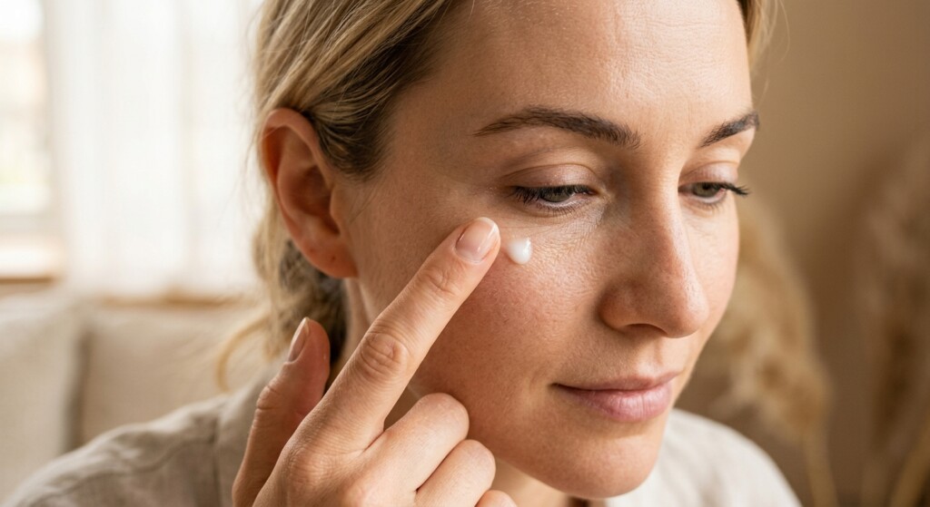 A close-up beauty photograph of a fingertip gently dabbing a small, fresh dot of white gel-cream onto the delicate skin under the eye. High-fidelity realistic skin with visible pores, natural fine lines, and soft texture under soft, natural morning window light. The focus is sharp on the product droplet and the point of contact. Warm, clean, serene atmosphere. no AI artifacts, no warped or smeared text, no fake words, no invented logos, no plastic/waxy look, no doll-like skin, no oversaturated HDR, no stock-photo feel, no watermark, no extra fingers, no melted geometry