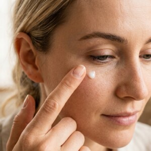 A close-up beauty photograph of a fingertip gently dabbing a small, fresh dot of white gel-cream onto the delicate skin under the eye. High-fidelity realistic skin with visible pores, natural fine lines, and soft texture under soft, natural morning window light. The focus is sharp on the product droplet and the point of contact. Warm, clean, serene atmosphere. no AI artifacts, no warped or smeared text, no fake words, no invented logos, no plastic/waxy look, no doll-like skin, no oversaturated HDR, no stock-photo feel, no watermark, no extra fingers, no melted geometry