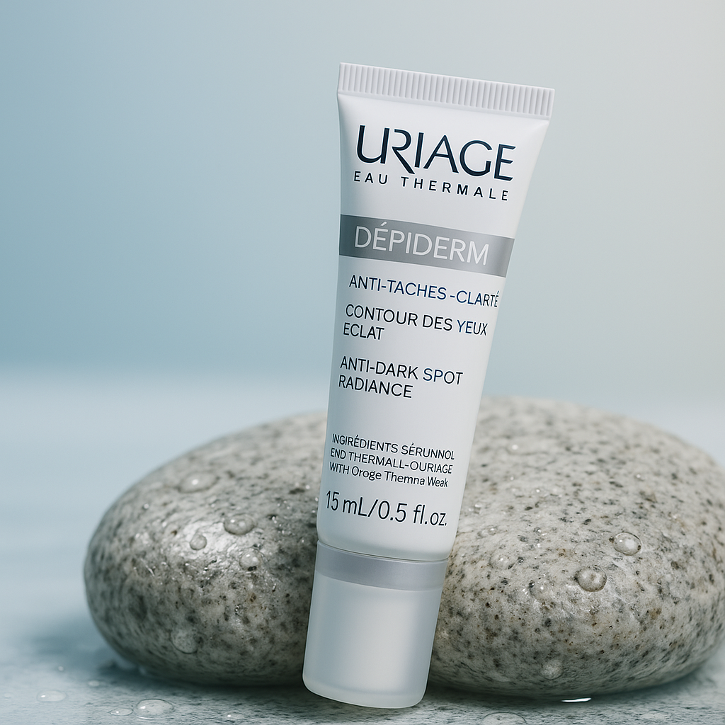 Voir : A refined studio image of the Uriage Dépiderm eye contour tube. The white tube with blue and silver branding is elegantly displayed on a wet, light gray mineral stone, echoing its pure thermal water content. Subtle, pristine water droplets add to the allure. The background features a soft gradient of pale blue to white, reminiscent of clear sky and serenity. Studio lighting from the side casts delicate shadows, enhancing the sleek texture of the packaging. Shot with an 85mm lens at f/5.6, the product label remains crisp and in focus, delivering an editorial magazine quality visual. no AI artifacts, no warped or smeared text, no fake words, no invented logos, no plastic/waxy look, no doll-like skin, no oversaturated HDR, no stock-photo feel, no watermark, no extra fingers, no melted geometry