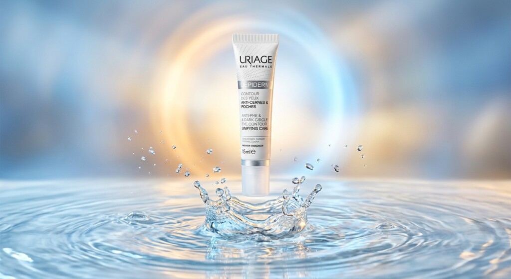 Voir : An artistic, conceptual product photograph. The Uriage Dépiderm eye contour tube is suspended gracefully just above a pristine, rippling surface of clear thermal water. A soft, radiant halo of warm golden-orange light and cool blue light blends behind the product, creating a bright, revitalizing atmosphere. Delicate water splashes and suspended micro-droplets catch the light. High-end cosmetic campaign style, clean composition, 50mm lens, f/4. no AI artifacts, no warped or smeared text, no fake words, no invented logos, no plastic/waxy look, no doll-like skin, no oversaturated HDR, no stock-photo feel, no watermark, no extra fingers, no melted geometry