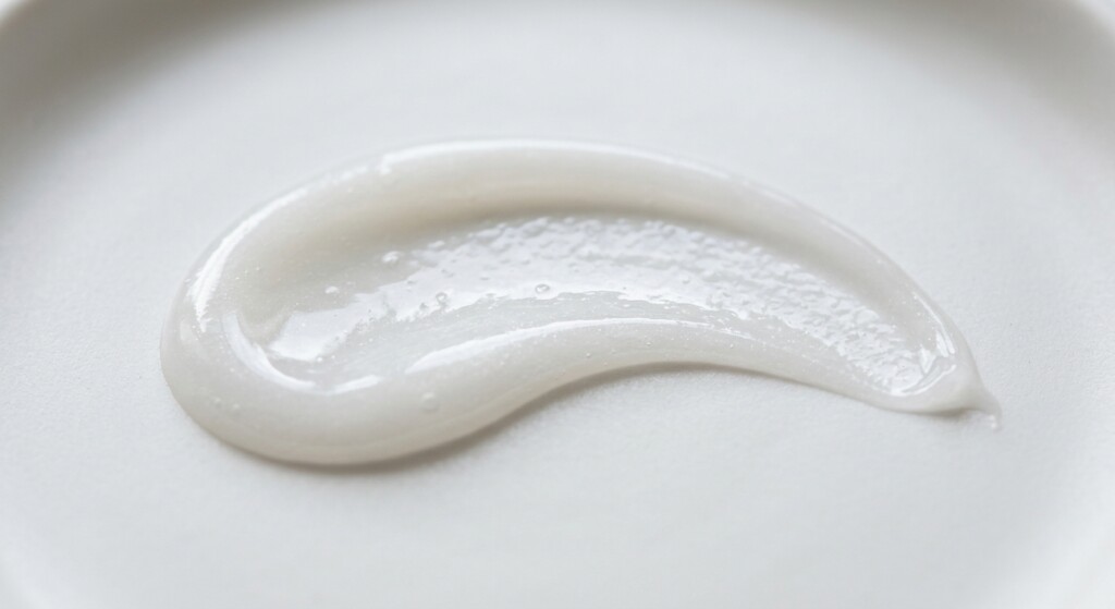 A macro photograph of a fresh gel-cream skincare texture. A smooth, elegant curved swatch of a lightweight, semi-translucent white gel-cream with a subtle pearlescent sheen, resting on a clean, matte white porcelain surface. The lighting is soft and directional, catching the moist, hydrating micro-reflets of the cream. Extreme close-up, shallow depth of field, 100mm macro lens, f/8, ultra-sharp details showing the delicate consistency of the formula. No packaging. no AI artifacts, no warped or smeared text, no fake words, no invented logos, no plastic/waxy look, no doll-like skin, no oversaturated HDR, no stock-photo feel, no watermark, no extra fingers, no melted geometry