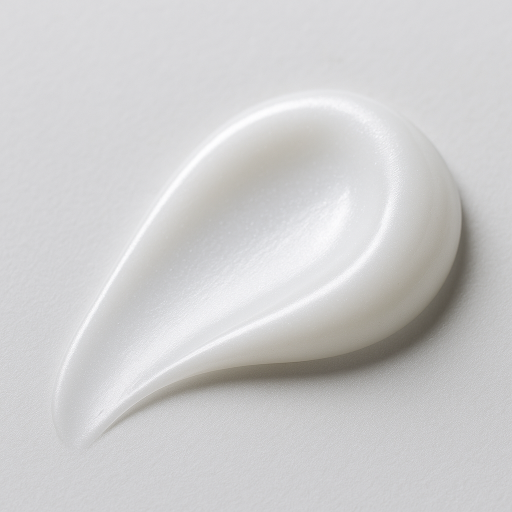 Voir : A macro shot of the Uriage Dépiderm eye contour's gel-cream texture. A smooth, elegant curve of lightweight, semi-translucent white gel-cream, with a subtle pearlescent sheen, sits on a pristine matte white porcelain surface. Soft, directional lighting accentuates the hydrating micro-reflections of the gel. Captured in extreme close-up with a 100mm macro lens at f/8, revealing the formula's delicate consistency in ultra-sharp detail. No packaging included. no AI artifacts, no warped or smeared text, no fake words, no invented logos, no plastic/waxy look, no doll-like skin, no oversaturated HDR, no stock-photo feel, no watermark, no extra fingers, no melted geometry