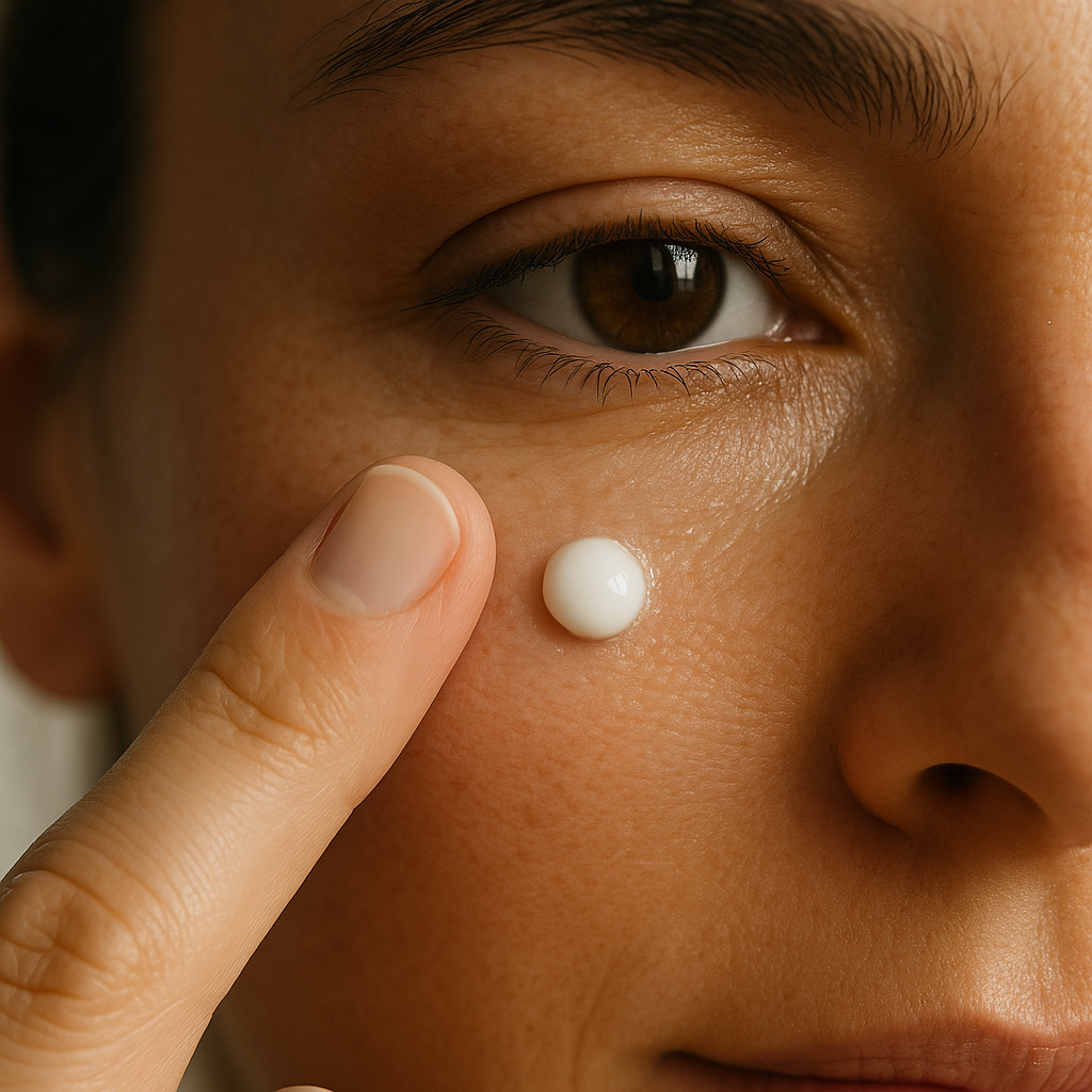 Voir : A close-up beauty shot depicting the gentle application of the Uriage Dépiderm eye contour gel-cream. A fingertip delicately presses a small dot of the creamy white product onto the under-eye area. The skin appears realistically textured with visible pores and natural fine lines, under soft, warm morning window light. Focus is placed sharply on the product droplet and the point of contact, creating a serene, clean atmosphere. no AI artifacts, no warped or smeared text, no fake words, no invented logos, no plastic/waxy look, no doll-like skin, no oversaturated HDR, no stock-photo feel, no watermark, no extra fingers, no melted geometry